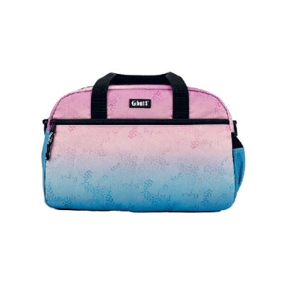 Mala de mão rosa e azul com alças pretas e etiqueta Gboots