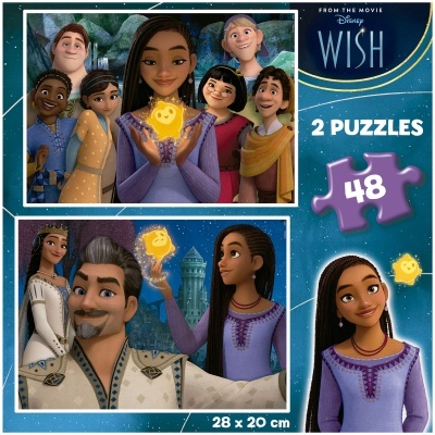 Capa de 2 puzzles Disney WISH com personagens animados e texto 2 PUZZLES, 48, 28 x 20 cm