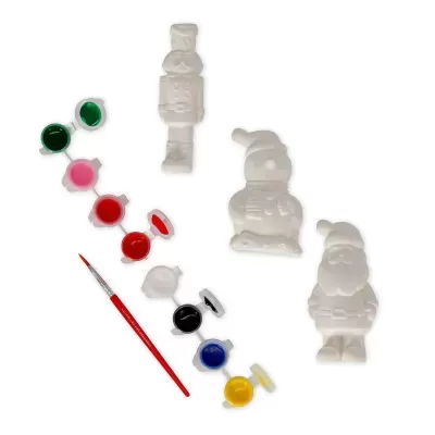 Kit de pintura com figuras de gesso natalícias e tintas coloridas