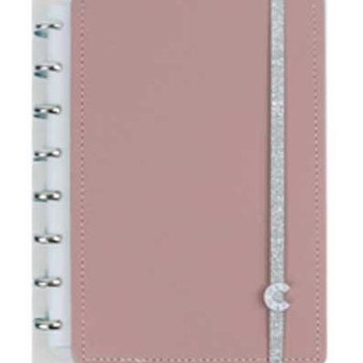 caderno organizador rosa com elástico prateado e anéis