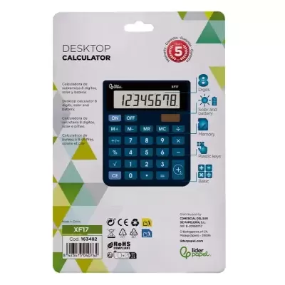 Calculadora de secretária azul na embalagem com texto e design geométrico