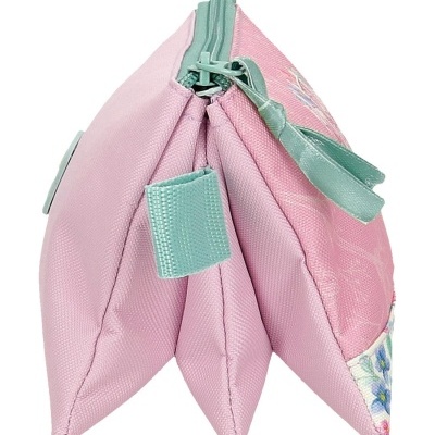 Estojos cor-de-rosa com fechos verdes e padrão floral