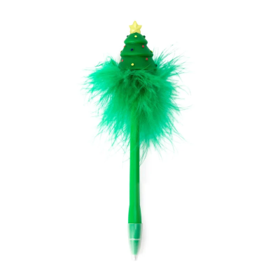 Caneta verde com topo de árvore de Natal decorada com penas verdes