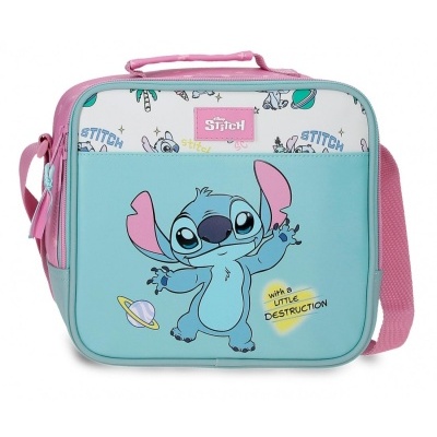 Mala infantil Disney Stitch azul e rosa com personagem Stitch e texto