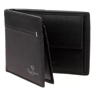 Carteira masculina preta de pele com logotipo Pepe Jeans