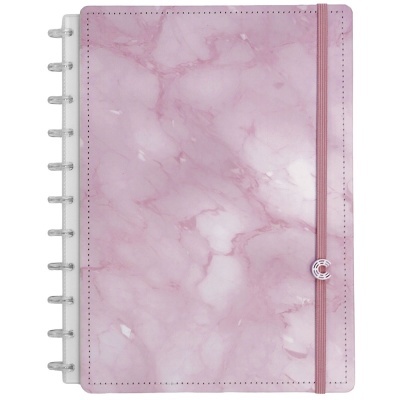 Caderno capa rosa mármore com fecho elástico e argolas de plástico