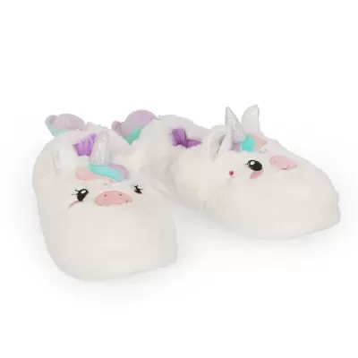 Pantufas de pelúcia de unicórnio branco com chifres prateados e crinas coloridas