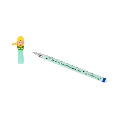 Caneta esferográfica decorada com personagem loiro e cachecol amarelo