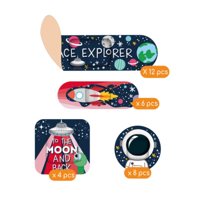 Adesivos de temática espacial com planetas, foguete, OVNI e astronauta em várias formas e tamanhos