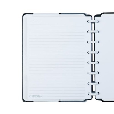 Caderno inteligente com capa preta e folhas brancas com linhas