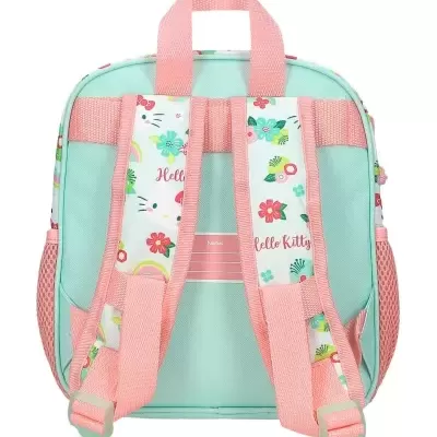 Mochila infantil verde água com alças rosa e padrão Hello Kitty