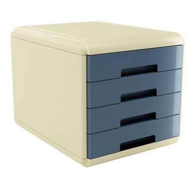 Organizador de secretária com quatro gavetas azuis e corpo bege