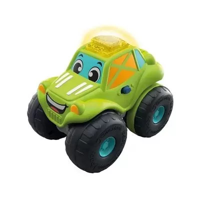 Brinquedo carro verde com rosto sorridente e luz amarela