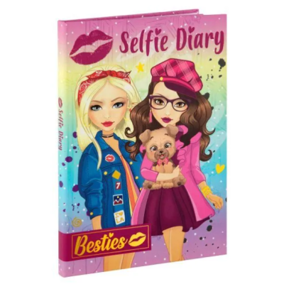 Caderno com capa dura colorida com ilustração de duas raparigas em estilo cartoon e texto 'Selfie Diary' e 'Besties'