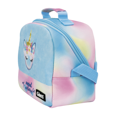 Lancheira infantil azul, rosa e amarelo com desenho de unicórnio e texto