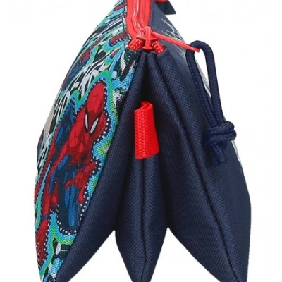 Bolsa preta com zíper vermelho e padrão de personagem de banda desenhada colorido