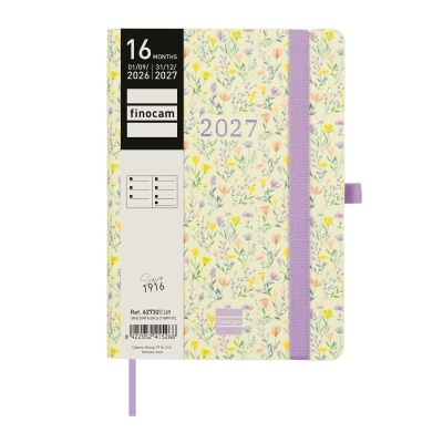 Agenda floral anual 2027 com elástico lilás e texto finocam