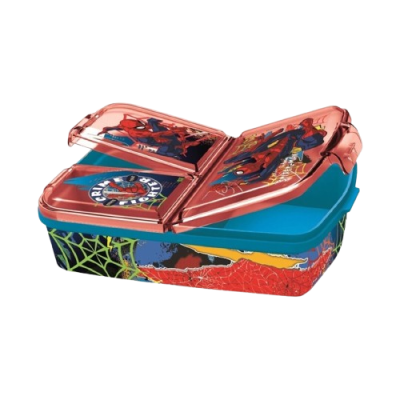 Marmita azul e vermelha com decoração de Spider-Man e compartimentos