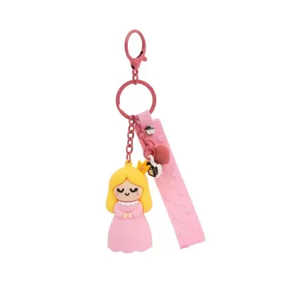 Chaveiro cor-de-rosa com pendente princesa de borracha e tira com corações