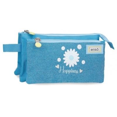 Estojo azul com flores brancas Happiness e marca ensō