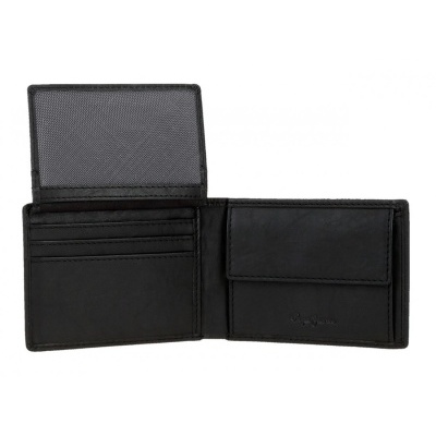 Carteira preta em pele aberta, mostrando vários compartimentos e porta-moedas