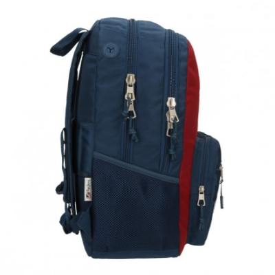 Mochila azul escura e vermelha com múltiplos bolsos e fechos