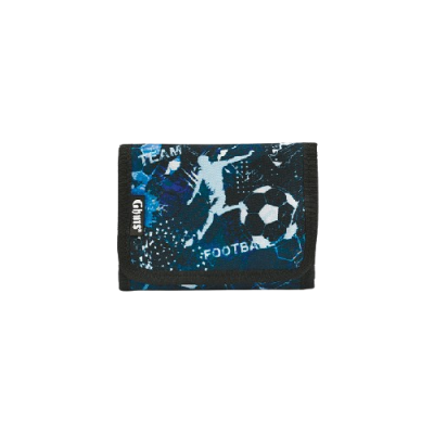 Carteira dobrável azul escuro com padrão de futebol e texto TEAM, FOOTBALL e Ghoos.