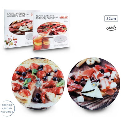 Prato rotativo com imagem de pizza e outro com queijos e fiambre, embalados em caixas ANILAR