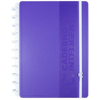 Caderno Inteligente roxo com elástico branco e argolas brancas