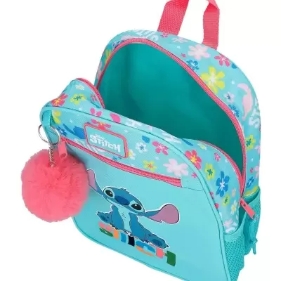 Mochila azul infantil com estampa Stitch, flores coloridas e chaveiro pompom rosa