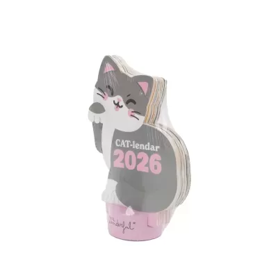 Calendário de mesa 2026 em forma de gato cinzento e branco com detalhes cor de rosa