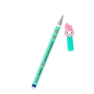 Caneta esferográfica azul com personagem rosa na tampa e corpo verde água com girassóis