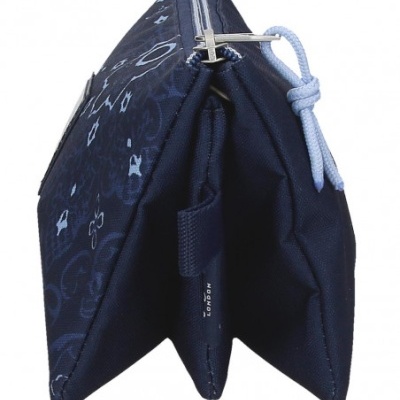 Estojo triangular azul escuro com padrão gráfico e fecho zipper