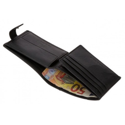 Carteira masculina preta em pele com notas e compartimentos