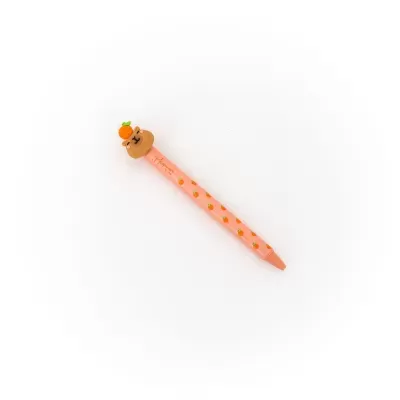 Lápis cor-de-rosa com padrão de laranjas e cabeça de urso no topo