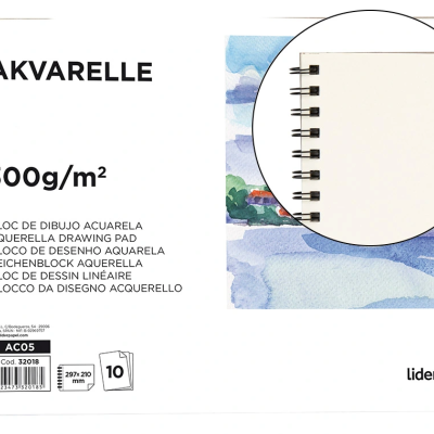 Bloco de desenho para aguarela com espiral preta e padrão de aguarela azul na capa