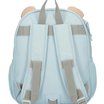Mochila infantil azul clara com alças almofadadas cinza e orelhas bege