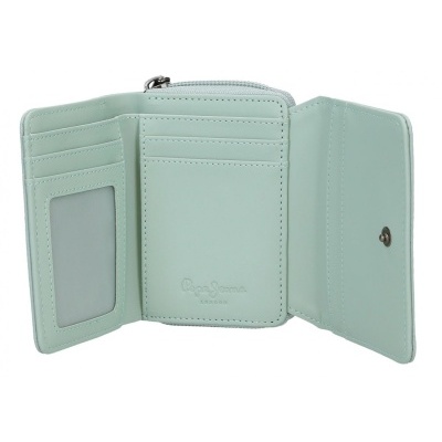 Carteira verde-água claro aberta com divisórias para cartões e compartimentos