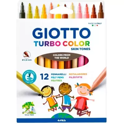 Caixa de canetas feltro Giotto Turbo Color tons de pele com 12 cores e desenho de crianças