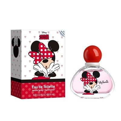 Frasco de perfume e caixa da Minnie Mouse com laço vermelho às bolinhas brancas
