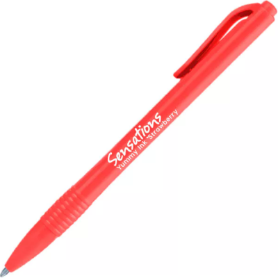 Caneta esferográfica vermelha com texto branco