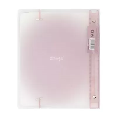 Pasta organizadora rosa translúcida com elásticos e etiqueta branca