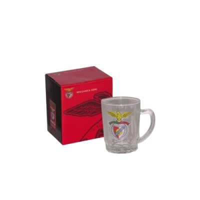 Mini caneca de vidro com emblema do Benfica e caixa vermelha e preta