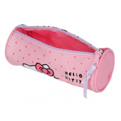 Estojo cilíndrico cor-de-rosa com desenho da Hello Kitty e texto HELLO KITTY