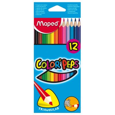 Caixa azul de lápis de cor Maped Color'Peps com 12 cores e lápis triangulares visíveis