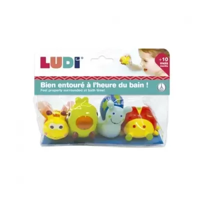 Conjunto de 4 brinquedos de banho coloridos em embalagem transparente