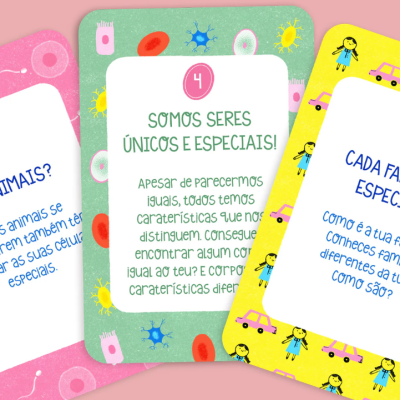 Cartas coloridas com textos em português sobre seres únicos, animais e famílias.