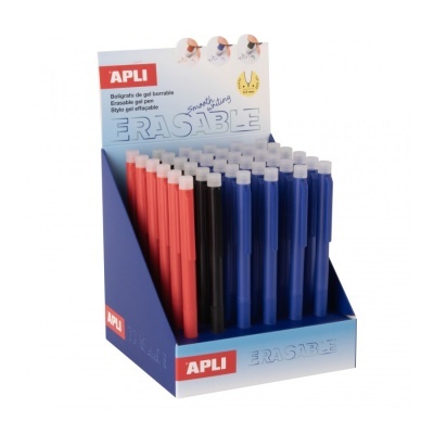 Expositor com canetas de gel apagáveis em azul, preto e vermelho