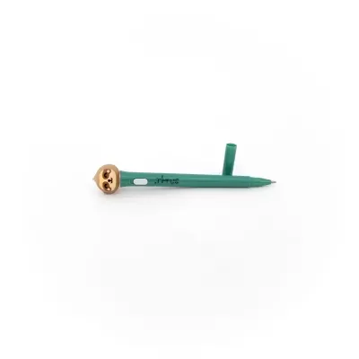 Caneta verde com topper bicho-preguiça de silicone castanho claro