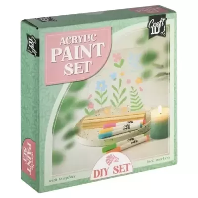 Conjunto de tinta acrílica Craft It em embalagem verde com tubos de tinta e moldes para pintar